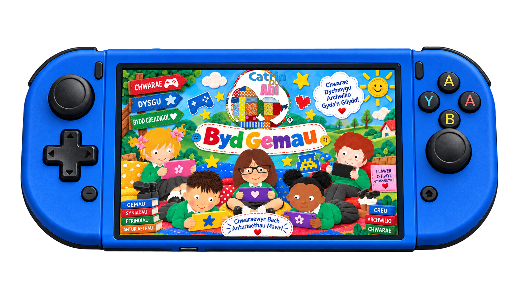 Blue handheld gaming console displaying a bright, cartoon-covered game cover with children reading tablets and colorful signage in a park scene, Welsh text on signs nearby.