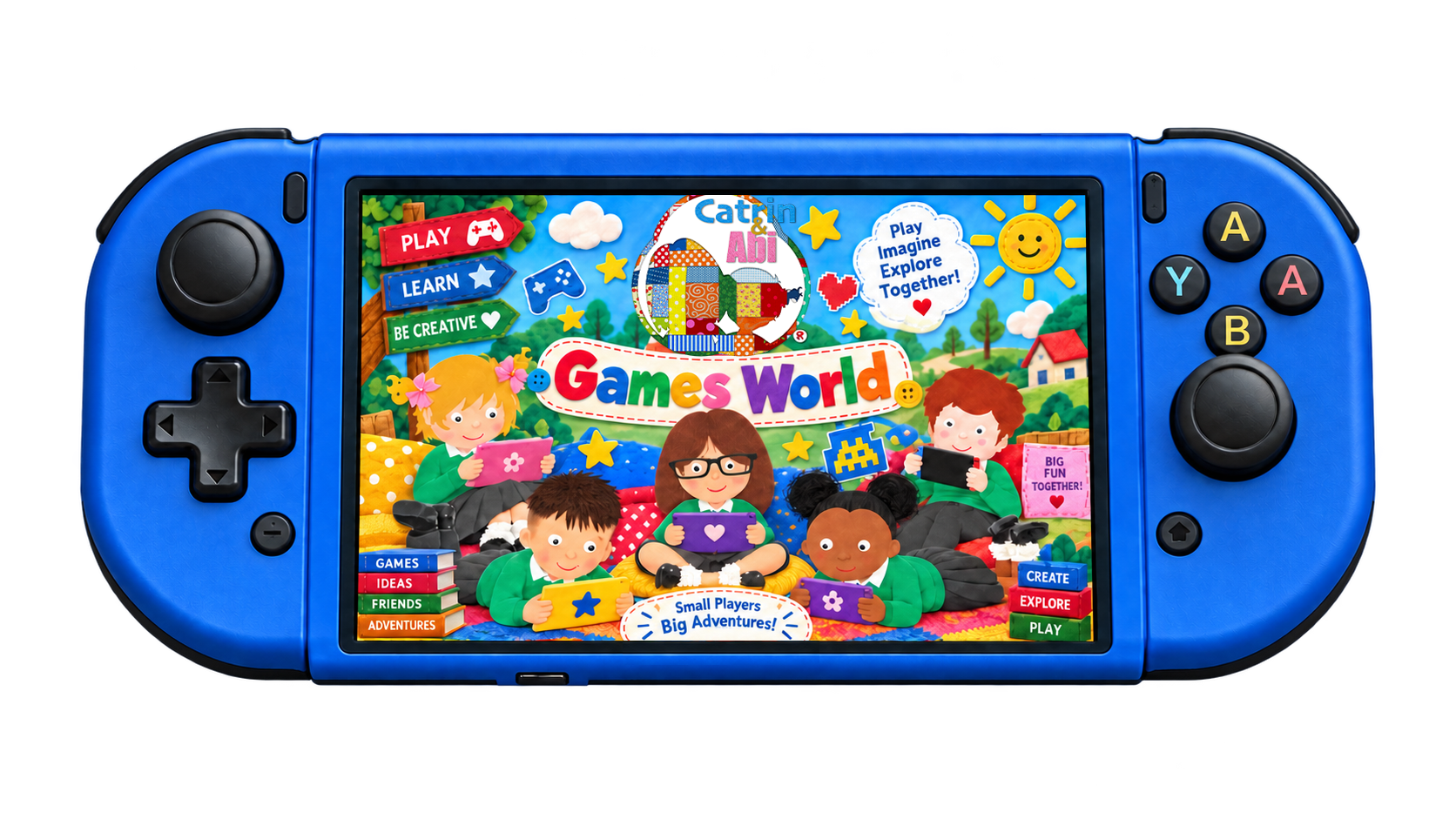 Blue handheld game console showing colorful 'Games World' scene with kids playing and cheerful banners in a sunny park setting.